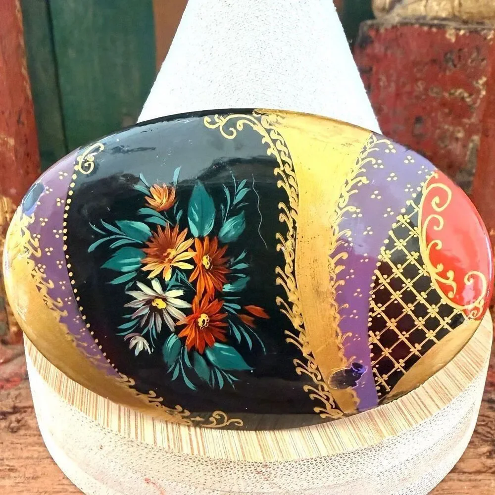 Hand Painted Russian Lacquer Style Floral Brooch